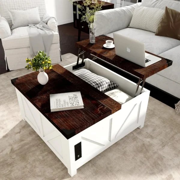 Lift Top Coffee Table with Storage, Wood Square Center Table with Charging Station&USB Ports,