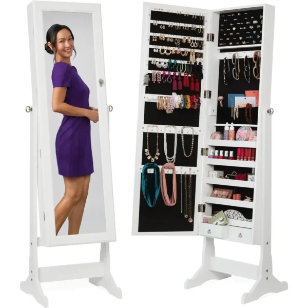 Freestanding Jewelry Armoire Cabinet, Full Length Standing Mirror,